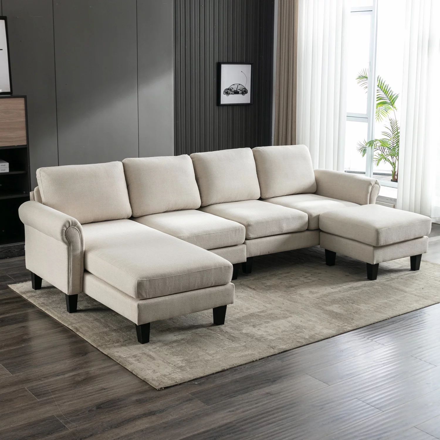 108''  Sectional Sofa with Ottoman, Accent Sectional Sofa Linen Upholstered Couch with Chaise and... | Walmart (US)