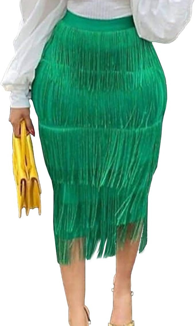 AOMEI Women's Spring Green High Waist Fringe Tiered Bodycon Pencil Midi Skirt M at Amazon Women... | Amazon (US)