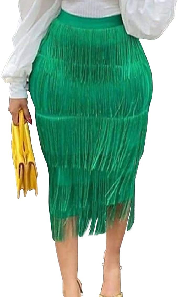 AOMEI Women's High Waist Fringe Tiered Bodycon Pencil Midi Skirt | Amazon (US)