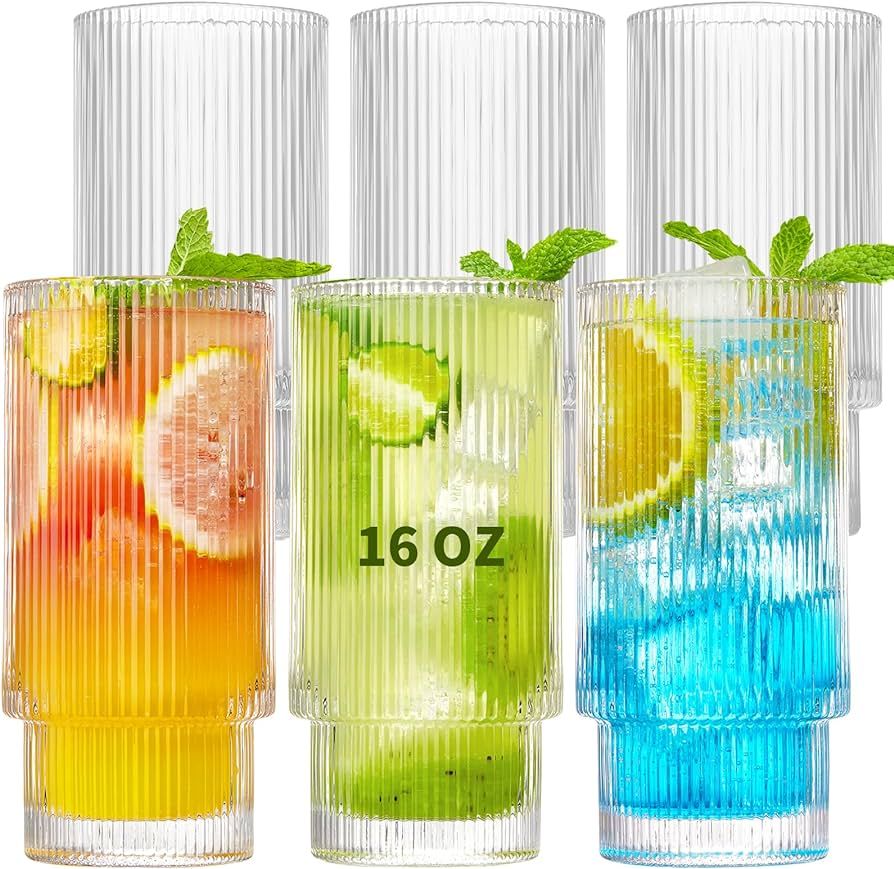 Qipecedm 6 Pack Ribbed Drinking Glasses, 16 oz Vintage Glass Cups, Highball Glasses, Premium Iced... | Amazon (US)