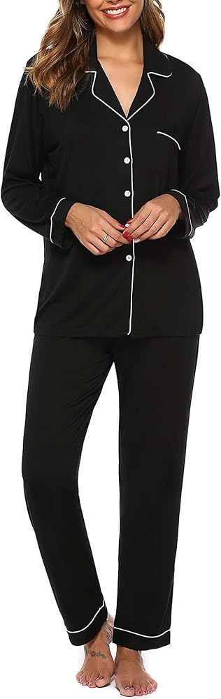 Samring Women's Button Down Pajama Set V-Neck Long Sleeve Sleepwear Soft Pj Sets S-XXL | Amazon (US)