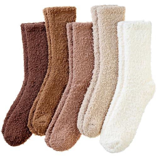 Eyean Womens Fuzzy Fluffy Slipper Socks Warm Winter Soft Thermal Plush Casual Sleep Cozy Home Socks (5 Pairs White khakiK) | Amazon (US)