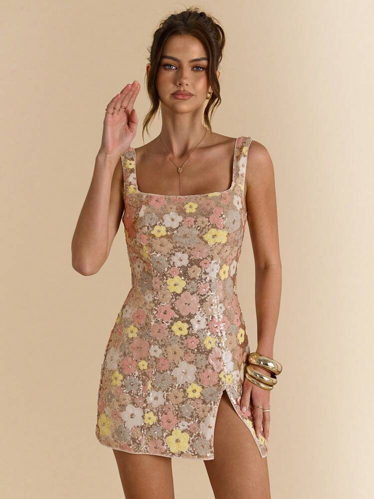 SHEIN BAE Solid Color Pink Sequin Floral Elegant Side Slit Spaghetti Strap Mini Dress, Embellished 3D Flower Cocktail Dress Suitable For Vacation, Beach, Music Festival, Birthday Party, Brunch, Wedding Guest Attire, Bridesmaid Dress,Bohemian Clothes | SHEIN