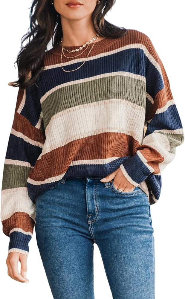 CUPSHE Womens Striped Sweaters Crewneck Long Sleeve Colorblock Casual Pullover Sweater Tops | Amazon (US)