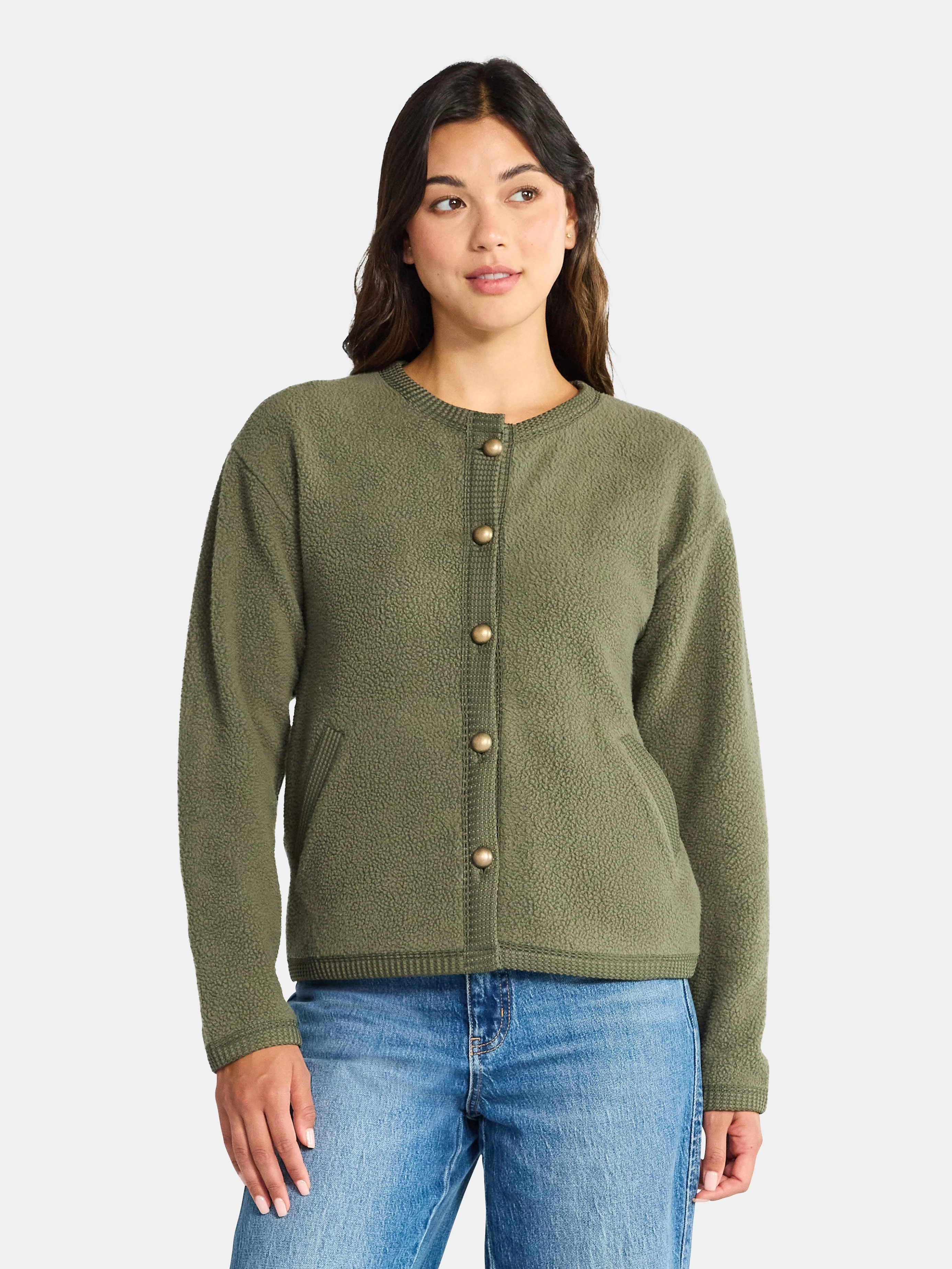 Time and Tru Women's Fleece Button Up Jacket, Lightweight, Sizes XS-XXXL | Walmart (US)