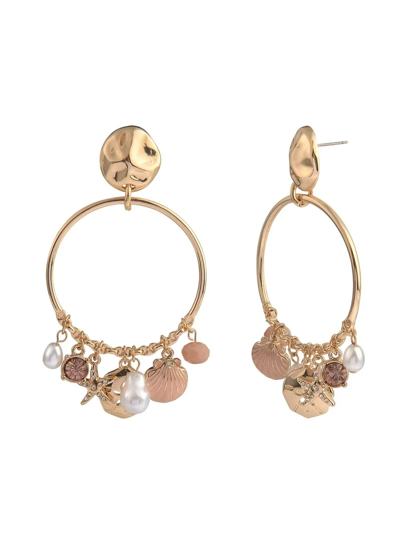 Time and Tru Adult Female Gold-Tone Acrylic Pearl Starfish Charm Gypsy Hoop Earring | Walmart (US)