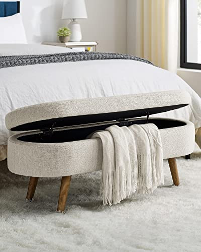 Oval Storage Bench 43.5" Linen Fabric Upholstered Entryway Bench with Solid Wood Legs Ottoman Ben... | Amazon (US)