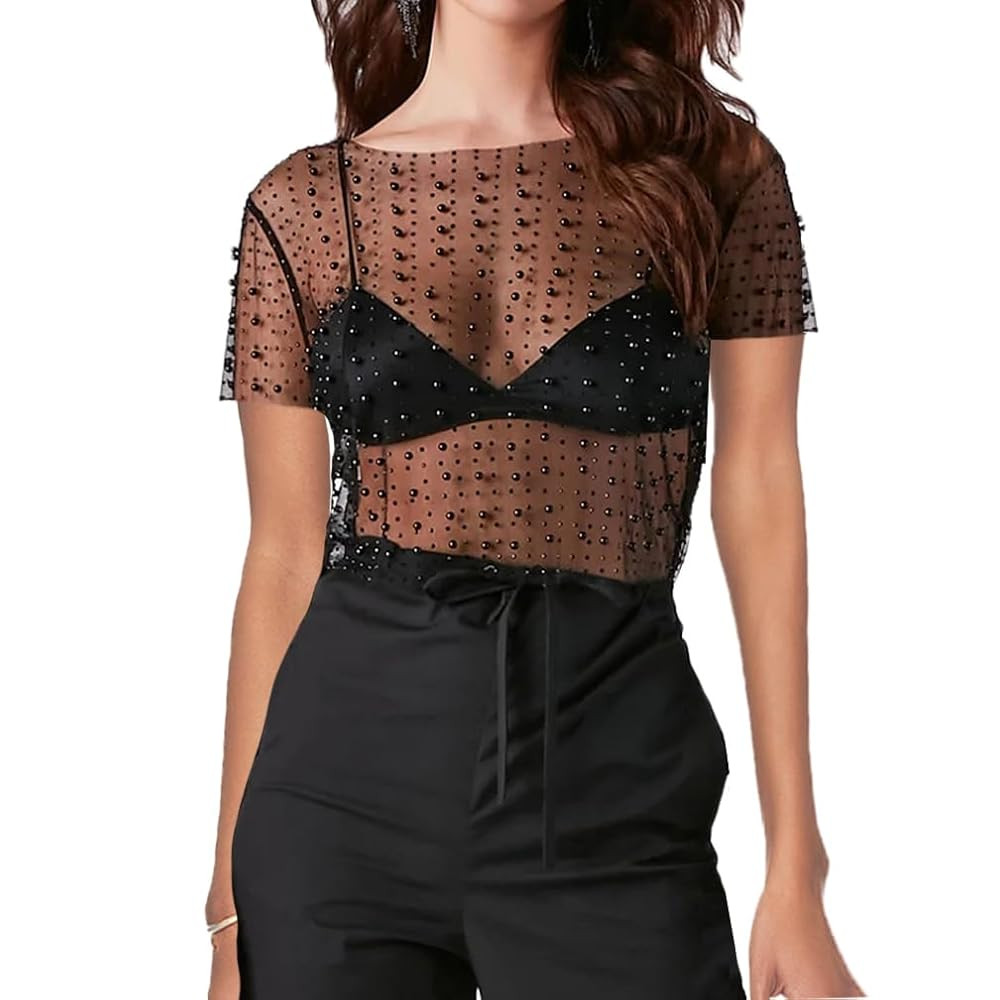 Women Pearl Rhinestone Sheer Mesh Crop Tee Top Sexy See Through Short Sleeve Slim Fit Crop T-Shir... | Amazon (US)