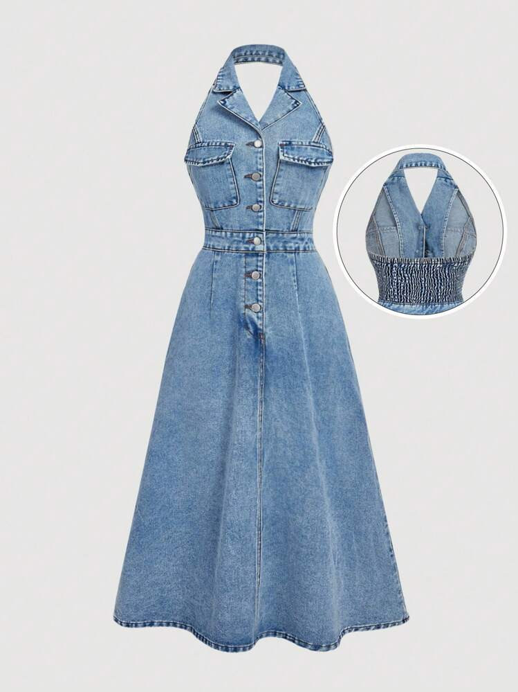 SHEIN MOD Sleeveless Denim Midi Shirt Dress With Pockets And Flared Fit For Everyday Casual Wear Denim Halter Dress Women Denim Dresses Denim Dresses Summer Denim Dress Jeans Dress | SHEIN