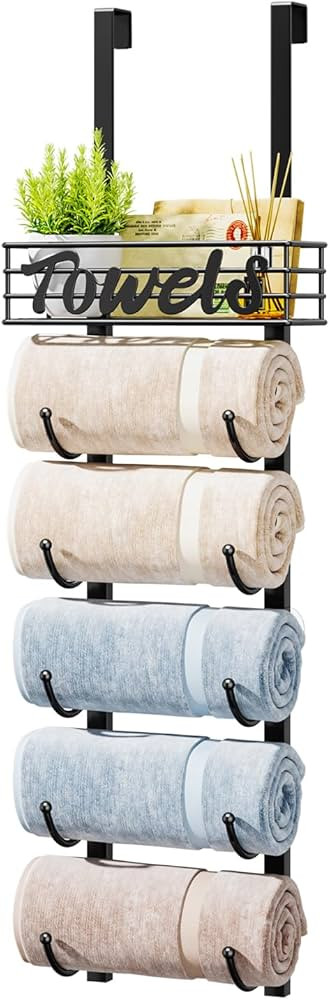 HapiRm Bathroom Towel Rack Holder - 6-Tier Over The Door & Wall Mount Rolled Towel Storage Organi... | Amazon (US)