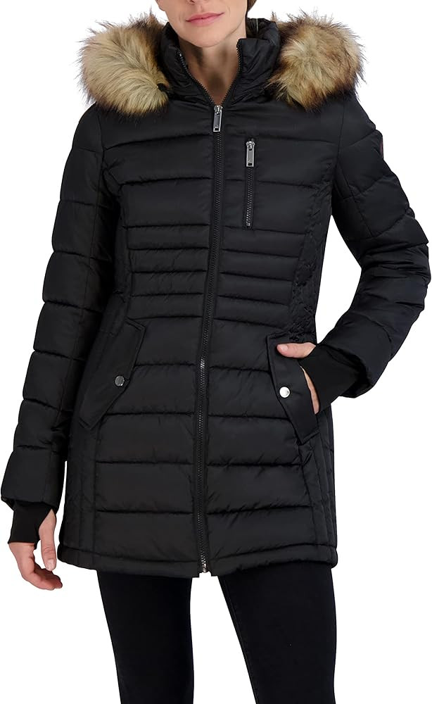 HFX Women's 3/4 Midweight Puffer Jacket Front Button Off Faux Fur Trimmed Hood Zippered Chest Poc... | Amazon (US)