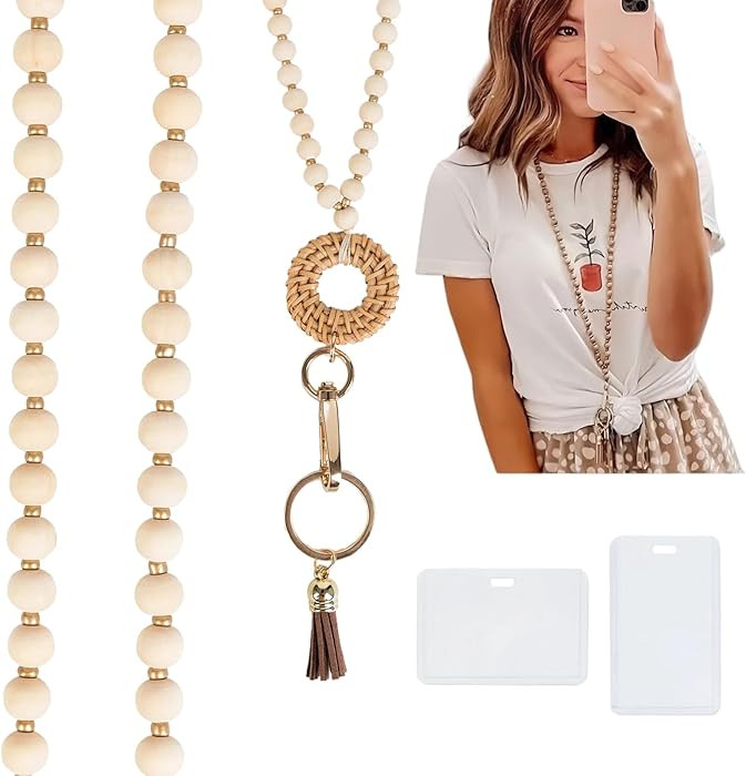Teacher Lanyard with ID Holder,Wood Beaded Lanyards for Id Badges & Keys,Badge Card Key Holder,Ne... | Amazon (US)