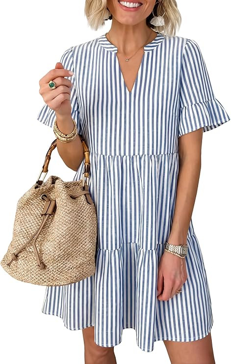 Caracilia Dresses for Women Summer 2026 Striped V Neck Ruffle Sleeve A Line Tiered Flowy Casual M... | Amazon (US)