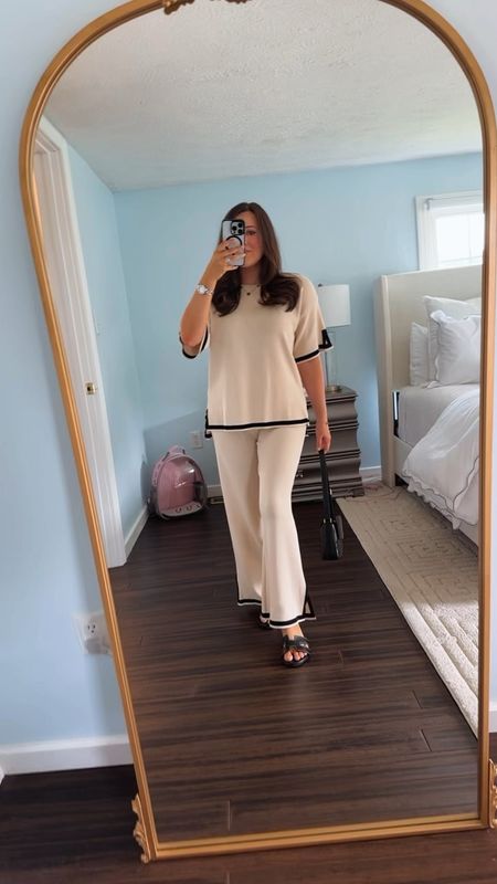 In loooveee with this comfy set from Amazon! Under $40 and perfect for a cozy but dressy look! The beige and black is 😍!!! Also my black Hermes inspired sandals! My favorite airport/travel outfit 

#LTKShoeCrush #LTKFindsUnder50 #LTKStyleTip