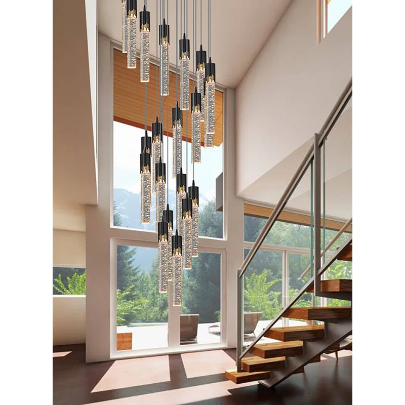 Desdemona 11ft 20-Lights Black Staircase Chandelier Crystal Bubble Column Pendant Light 3000-6000... | Wayfair North America