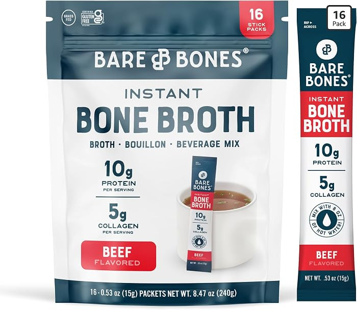 Bare Bones Beef Bone Broth Instant Powdered Mix Packets | 5g Collagen | 10g Protein | Keto & Pale... | Amazon (US)