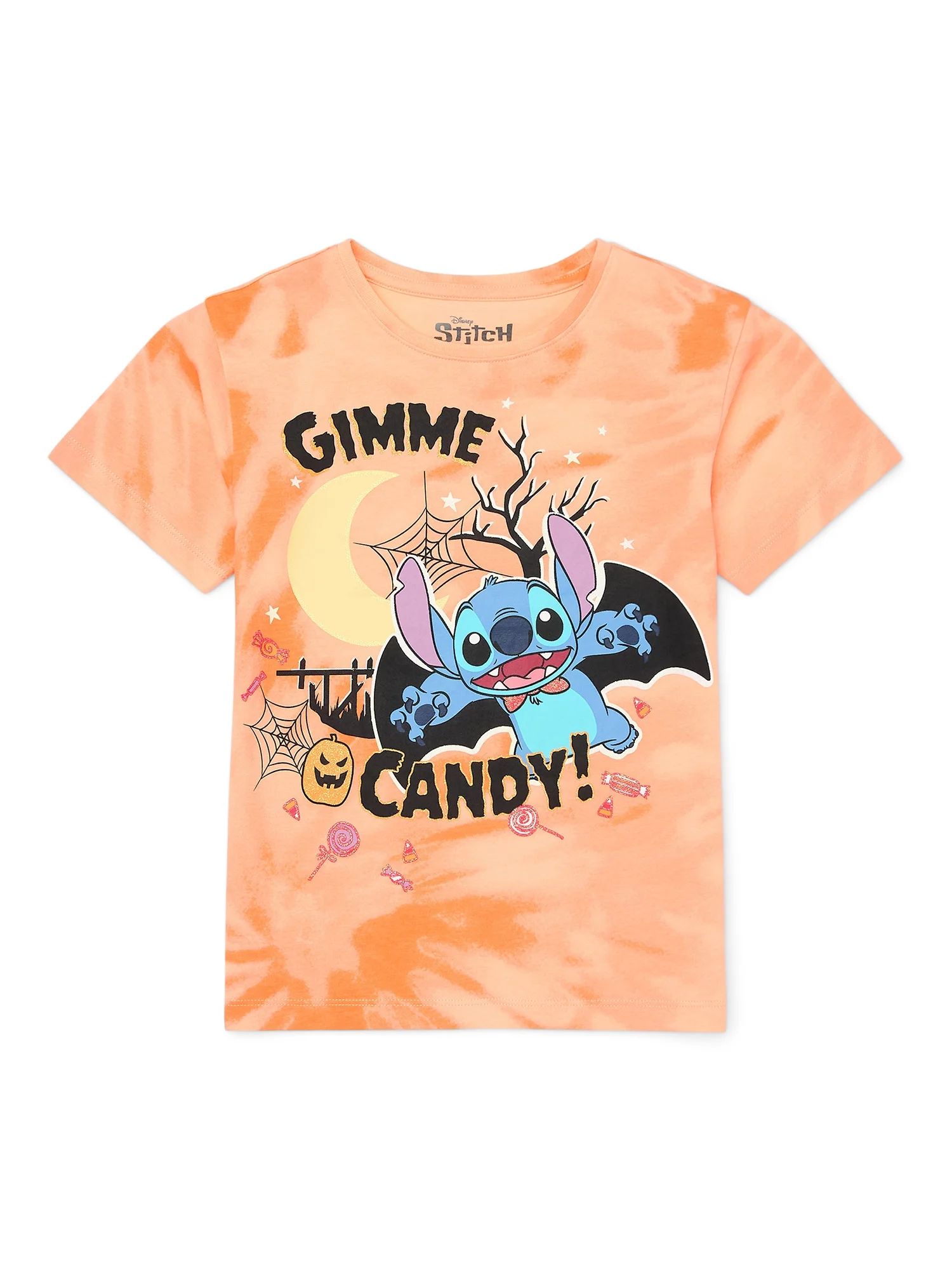 Stitch Girls Halloween Short Sleeve Graphic Tee with Glitter, Sizes 4-16 | Walmart (US)