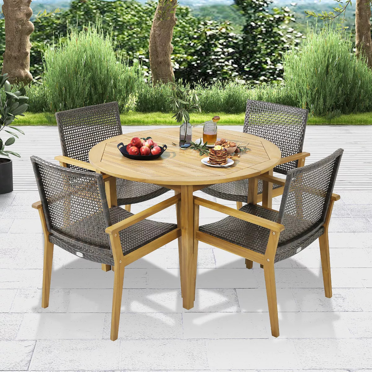 Tangkula 5 PCS Patio Dining Set Round Acacia Wood Table 4 Wicker Armchairs Outdoor Garden | Target
