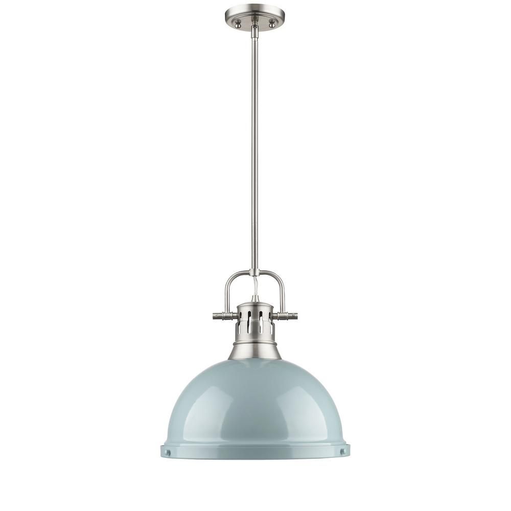 Duncan 1-Light Pewter Pendant with Rod with Seafoam Shade | The Home Depot