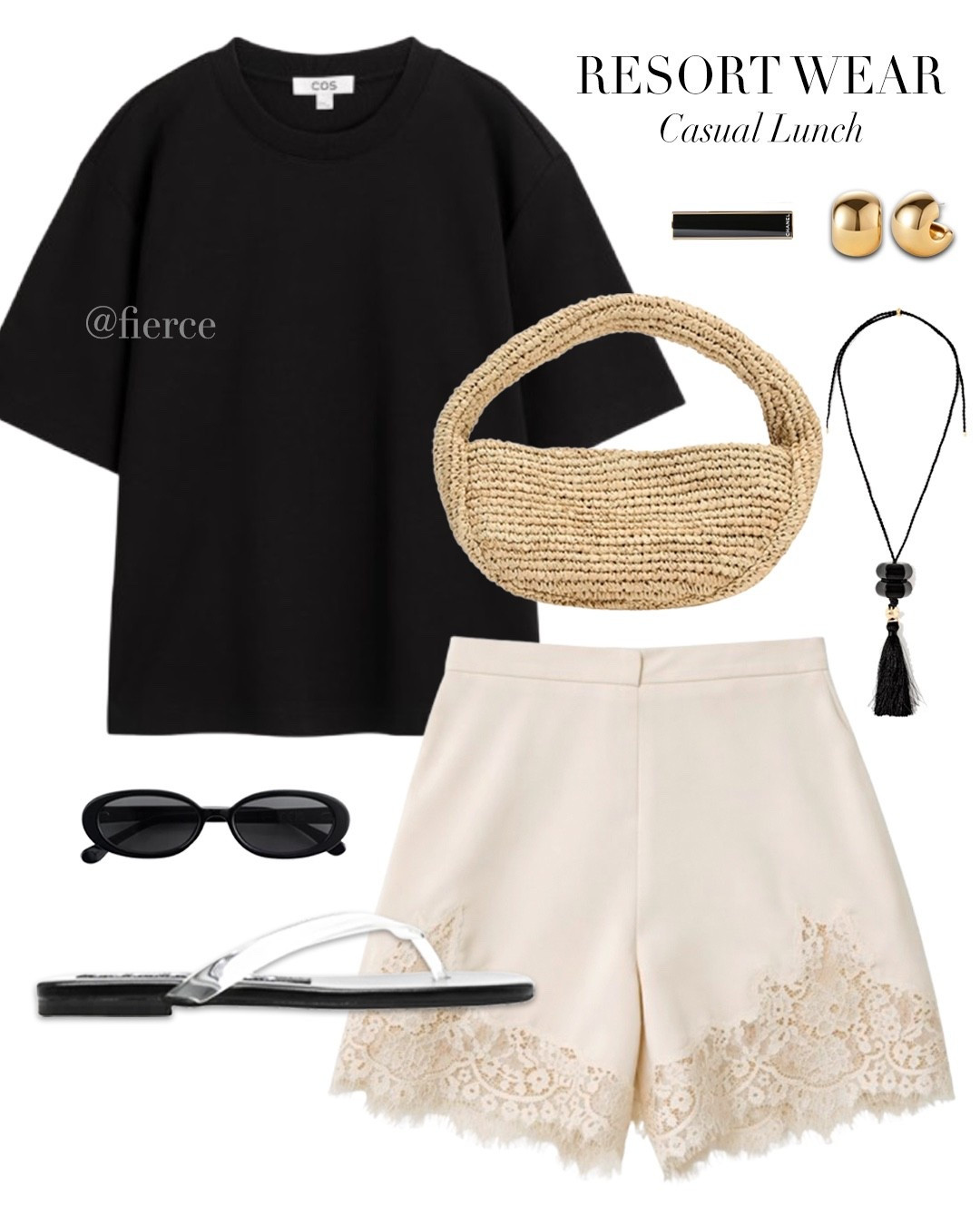 Satin lace shorts mini raffia bag clear transparent jelly sandals oversized black tshirt cord tassel necklace resort wear weekend look beach holiday

#LTKuk #LTKsummer #LTKtravel
