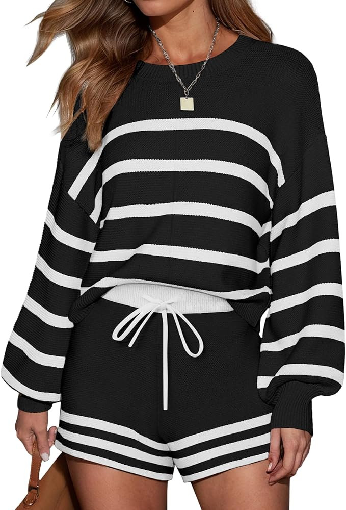 Ekouaer Womens 2 Piece Knit Sweatsuit Long Sleeve Tops and Shorts Pajamas Fashion Outfits Casual ... | Amazon (US)