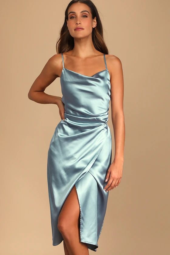 Hollywood Woman Dusty Blue Satin Midi Dress | Lulus