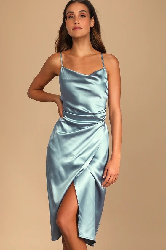 Hollywood Woman Dusty Blue Satin Midi Dress | Lulus (US)