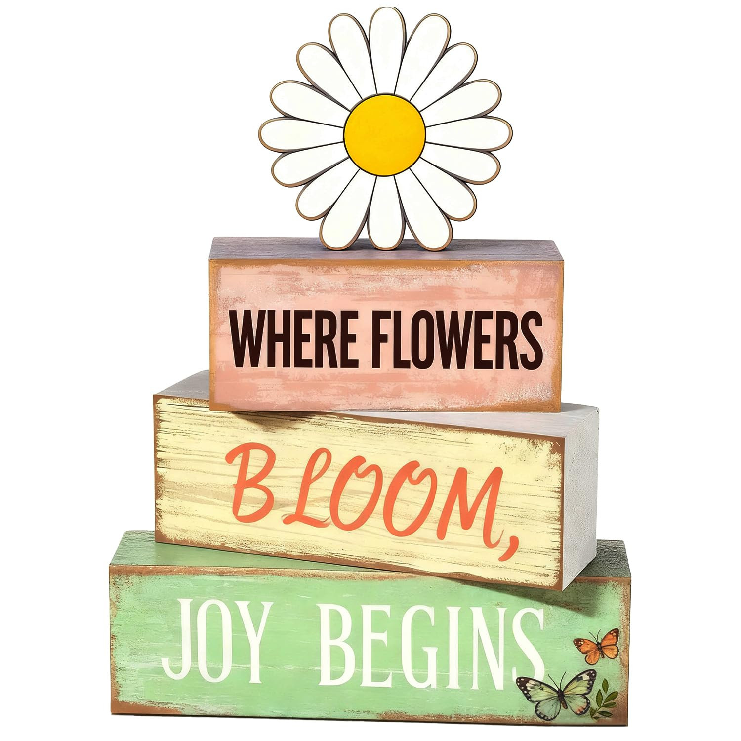 Spring Decoration Wooden Tiered Tray Decor – Daisy Flower Spring Stacked Block Sign with Butter... | Amazon (US)