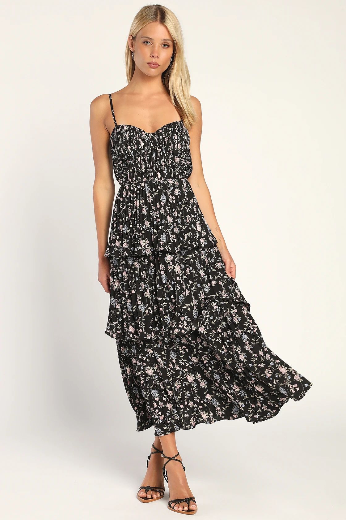Cascading Crush Black Floral Print Tiered Bustier Midi Dress | Lulus (US)