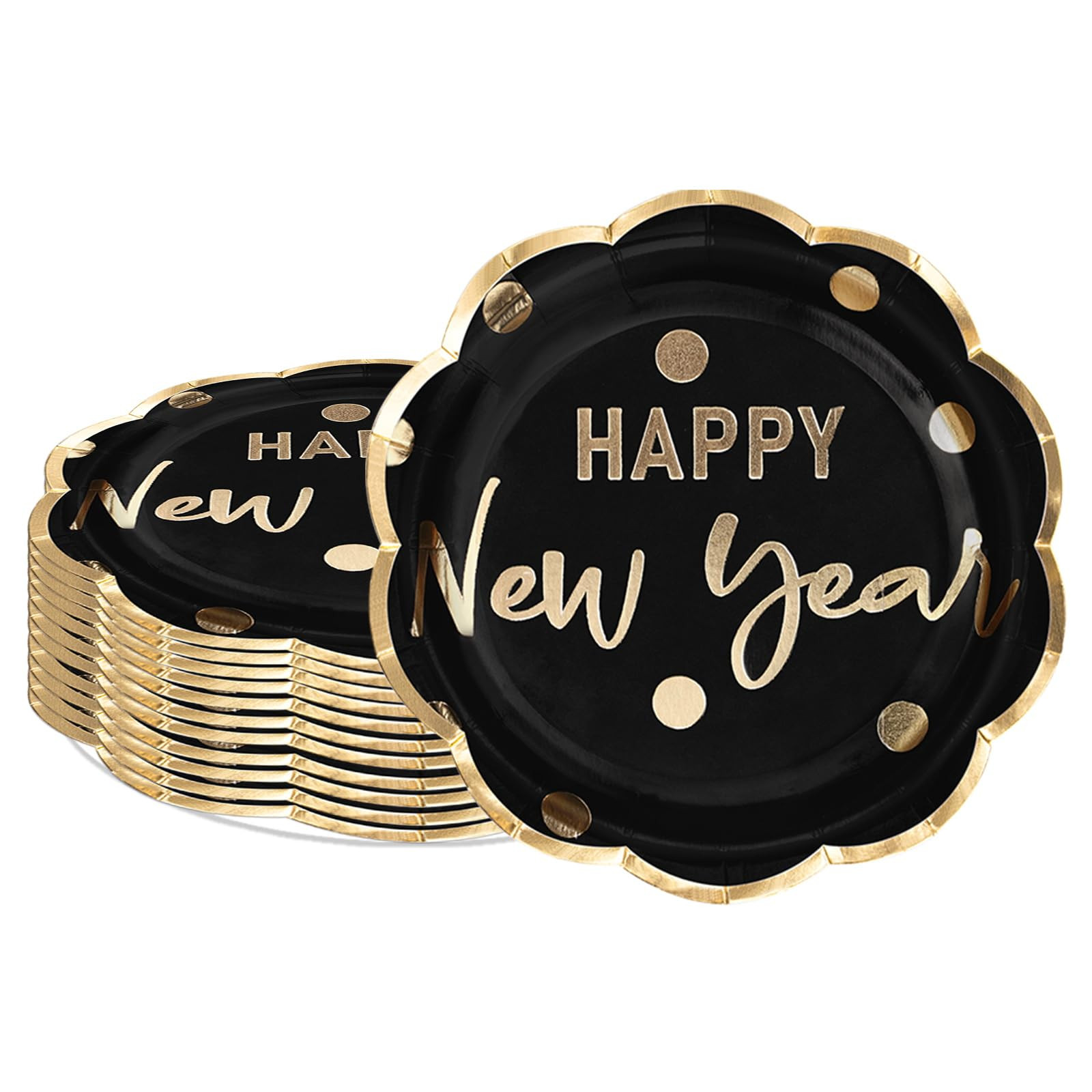 LeZakaa 25Pcs Christmas Paper Plates - Happy New Year Lettering in Black, Gold Foil Design Dispos... | Amazon (US)