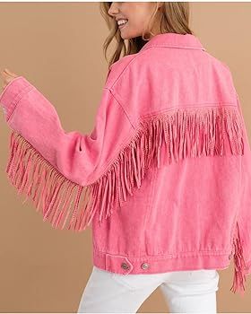 Joiemont Womens Rhinestone Fringe Jacket Cowgirl Shirt Jacket Long Sleeve Denim Jacket Fringe Jea... | Amazon (US)