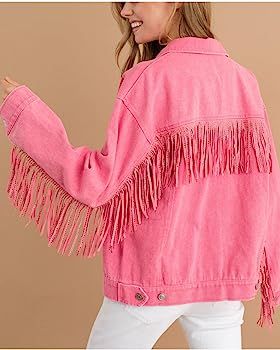 Joiemont Womens Rhinestone Fringe Jacket Cowgirl Shirt Jacket Long Sleeve Denim Jacket Fringe Jea... | Amazon (US)
