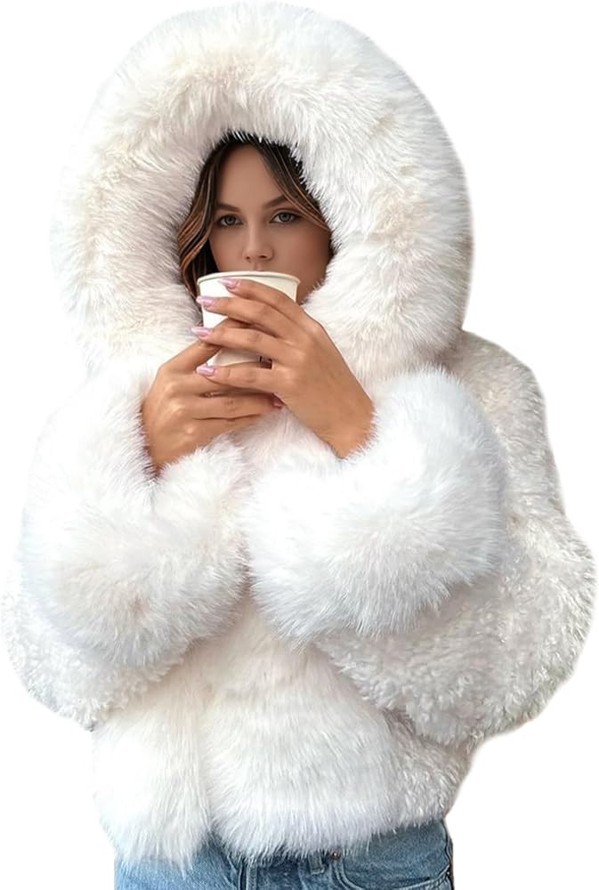 Wyeysyt Women's Faux Fur Coats with Hood Winter Warm Cropped Hoodie Jacket Long Sleeve Thick Shor... | Amazon (US)