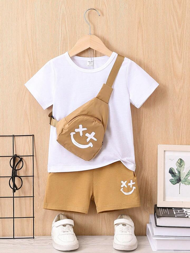 SHEIN Kids EVRYDAY Young Boy Cartoon Graphic Tee & Shorts & Bag | SHEIN