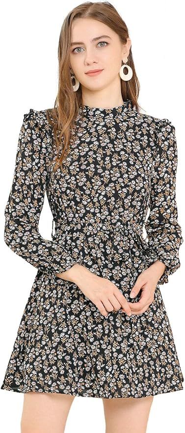 Allegra K Women's Ruffled Trim Stand Collar Belted Vintage Daisy Floral Dress | Amazon (US)