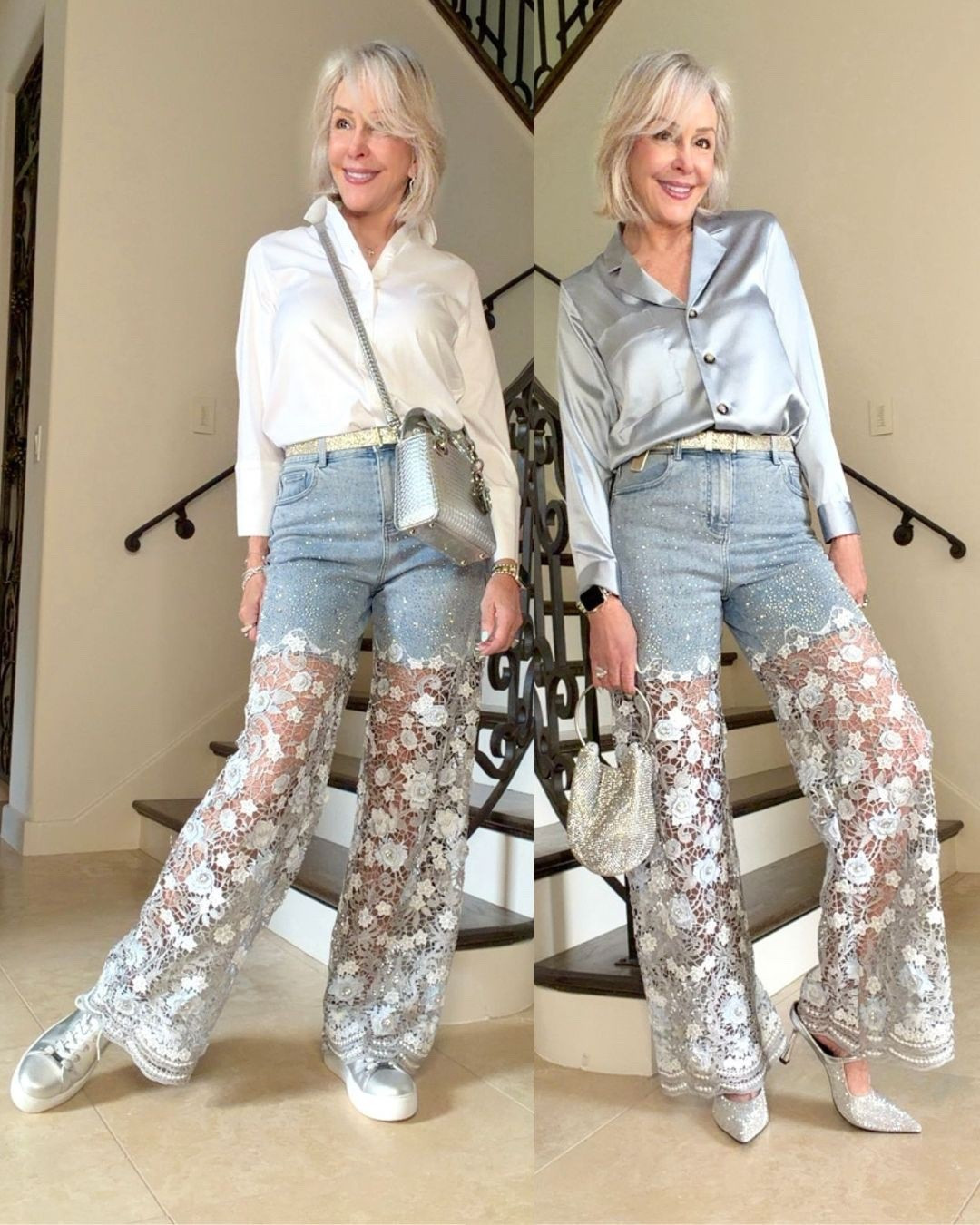 Stretch Denim High Rise Lace Embellished  Wide Leg Ankle Jeans
Satin light blue blouse
White button down shirt 
Silver stone sling back heels 
CZ jewelry tennis necklace 
Crystal drop earrings by Dean Davidson 
Rhinestone handbag 
Date night, girls night out. 

#LTKgrwm #LTKOver40 #LTKootd