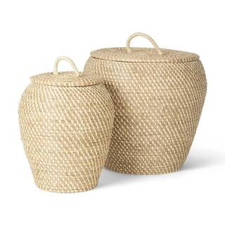 Mercana Kalopa Set of 2 Woven Seagrass Floor Baskets with Flat Handled Lid 70232 - The Home Depot | The Home Depot