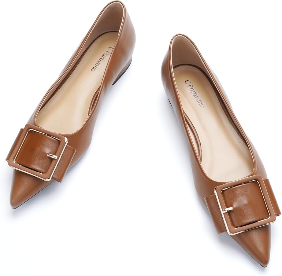 Women's Pointed Toe Square Buckle Flats Elegant Slip-On Ballet Flats Comfortable Dressy Shoes for... | Amazon (US)