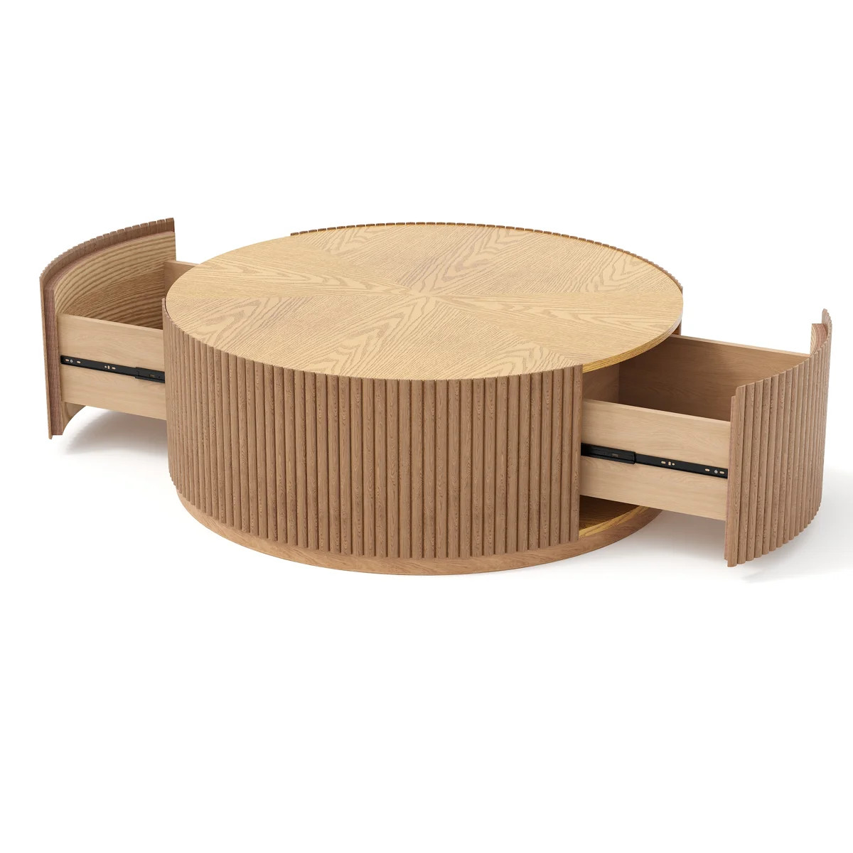 Fully Assembled Modern 35" W Contemporary Round Coffee Table with Solid Wood Fluted Base, 2 Hidde... | Wayfair North America