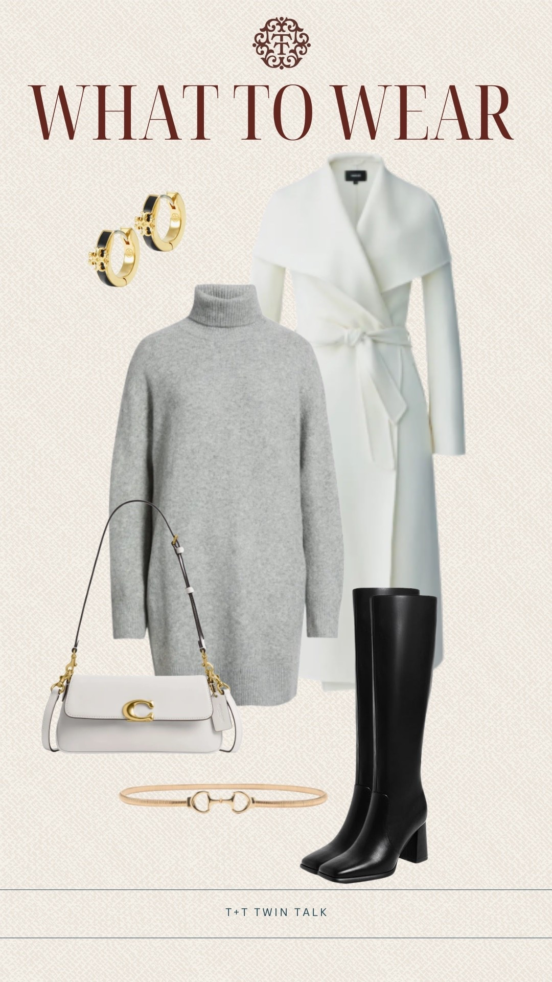 T+T, what to wear. We are loving this sweater dress paired with a long white coat and tall black boots. We paired the look with Tory Burch earrings, a coach bag, a gold belt to cinch the waist. 

#LTKOver40 #LTKSeasonal #LTKMidsize