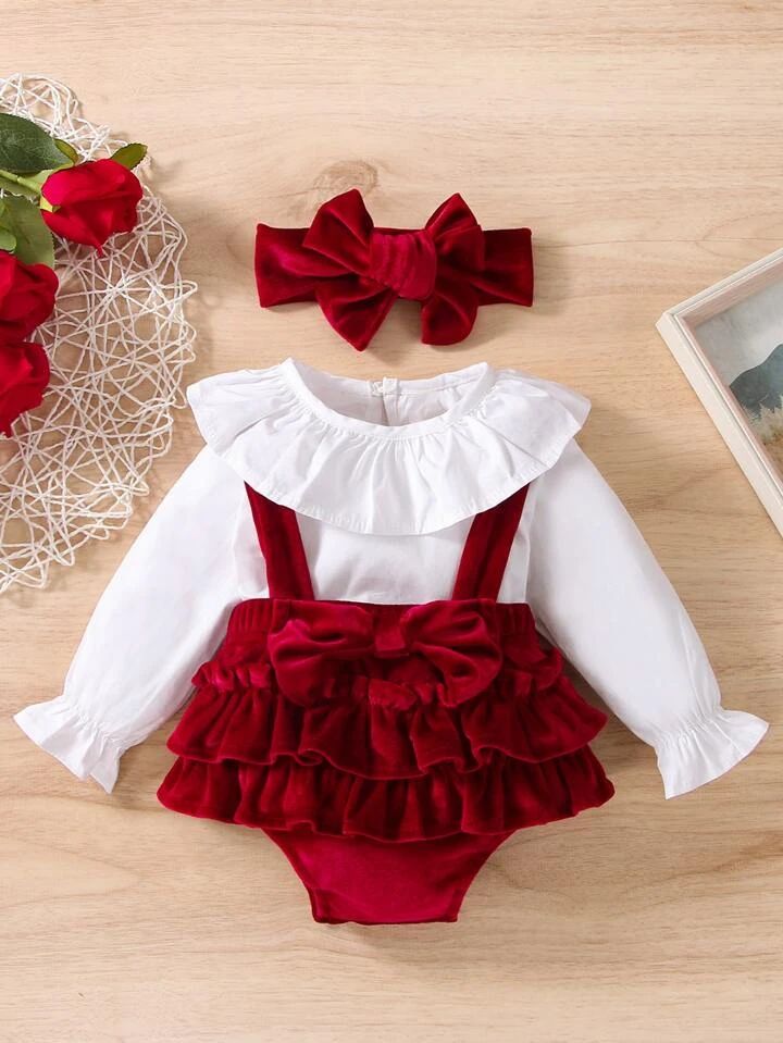 Baby Flounce Trim Blouse & Bow Front Suspender Shorts & Headband | SHEIN