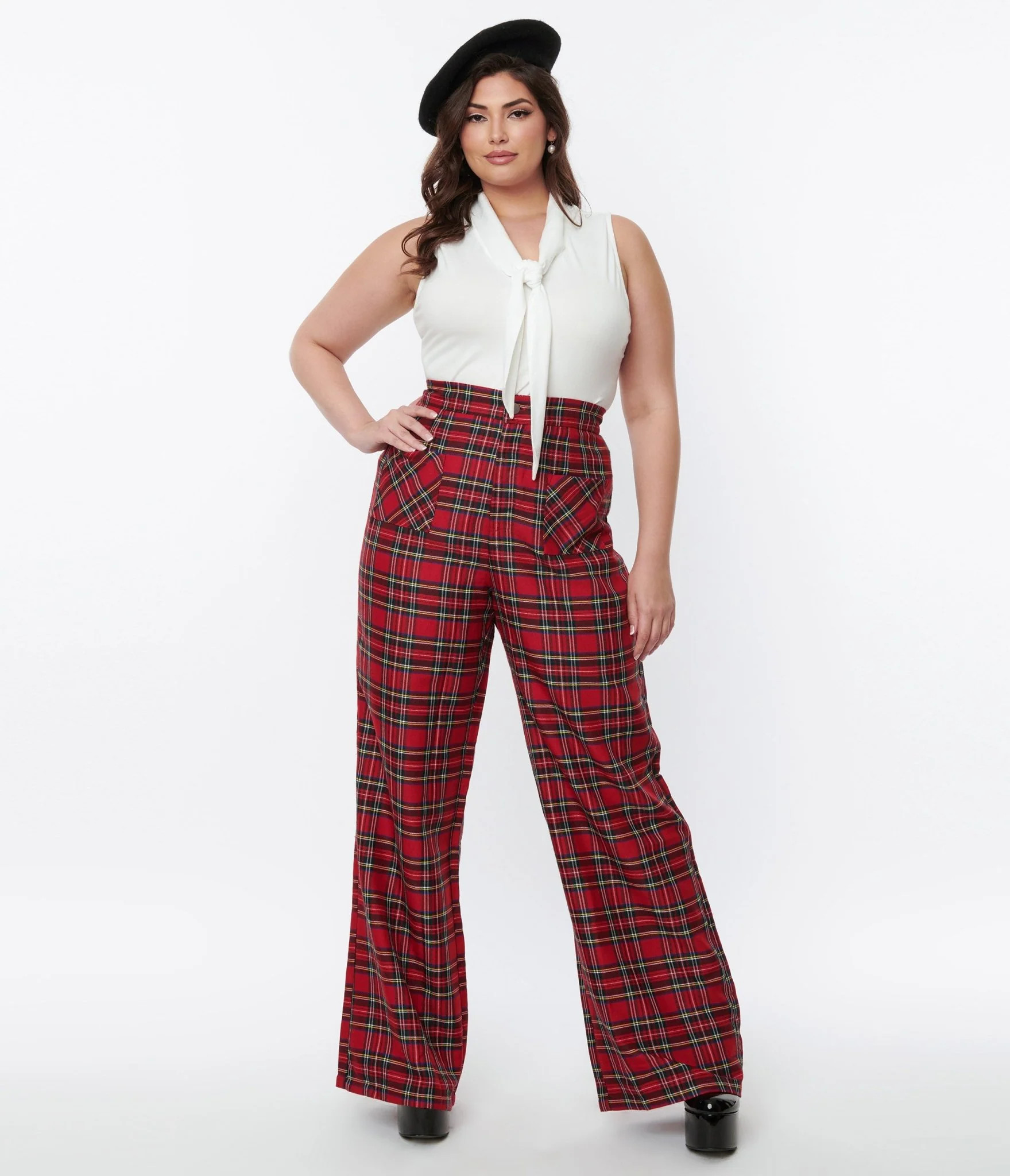 Smak Parlour Plus Size Red Plaid Wide Leg Trousers | UniqueVintage