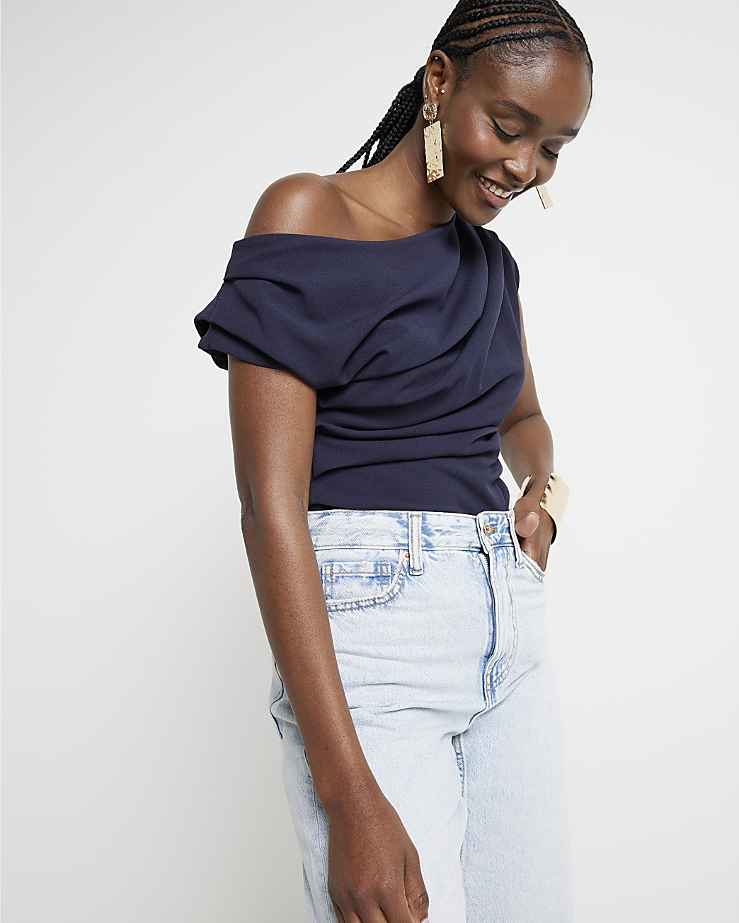 Navy Asymmetric Drape Top | River Island (UK & IE)