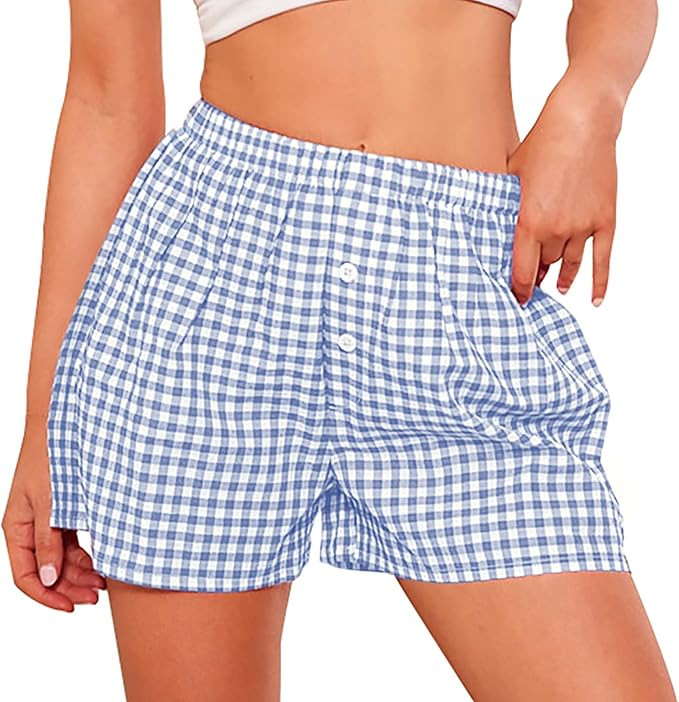 PRETTYGARDEN Womens Shorts Boxers 2026 Summer Gingham Pajama Lounge Sleep Y2K Plaid Pj Shorts Bea... | Amazon (US)