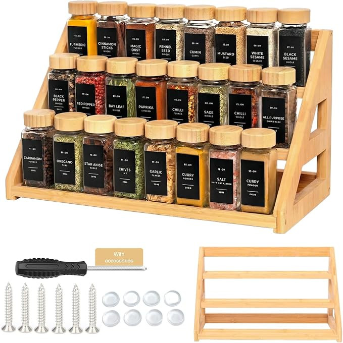 3 Tier Bamboo Spice Rack Organizer for Cabinet: Fits 24 Spice Jars - 17.5” Wide Countertop & Ca... | Amazon (US)