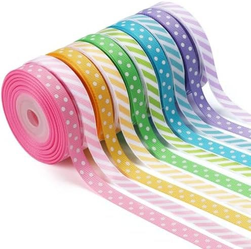 LaRibbons 3/8 Inch 100 Yards Grosgrain Ribbon Set 10 Yd/Roll 10 Rolls Striped and Polka Dot Sprin... | Amazon (US)