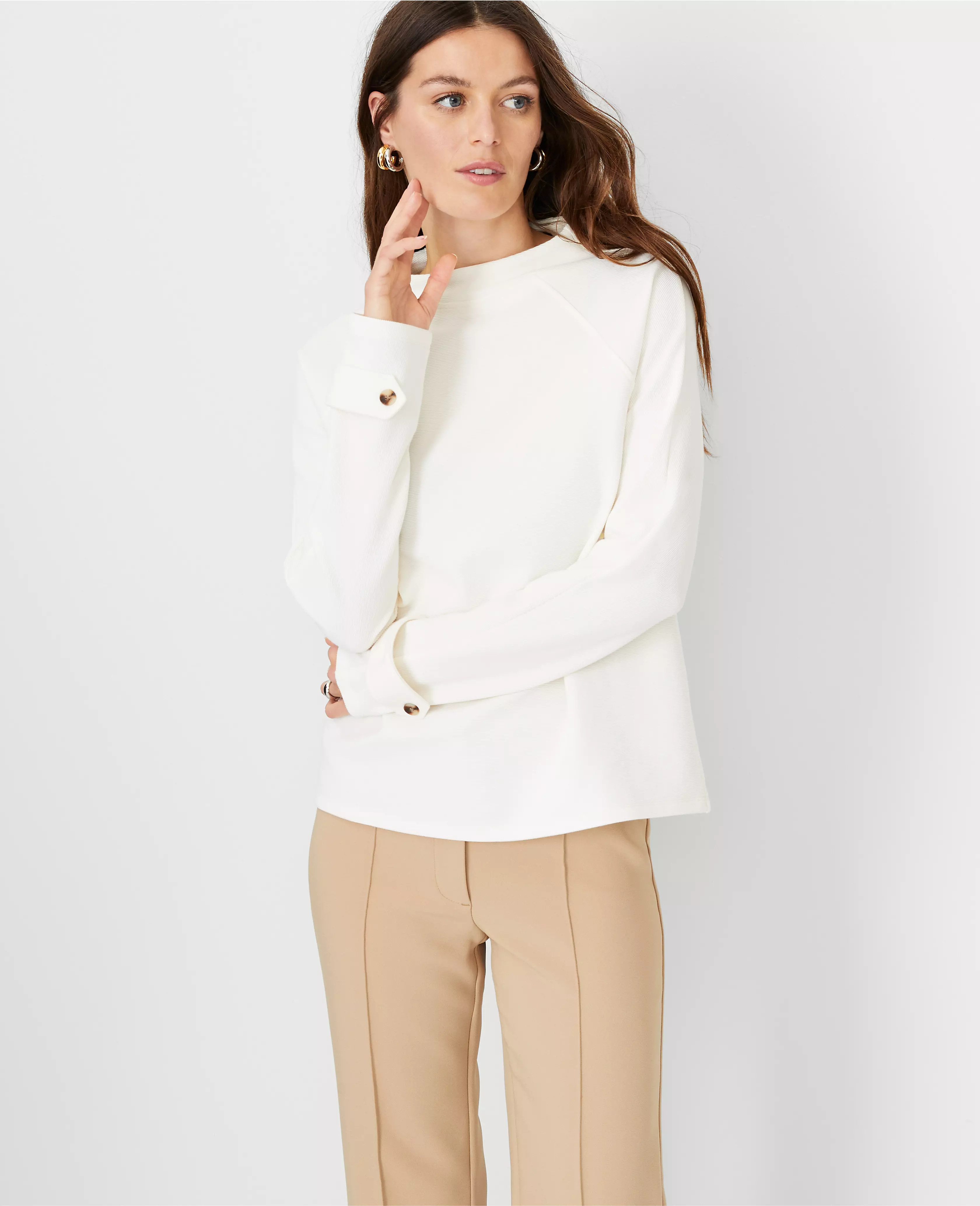 Textured Mock Neck Button Cuff Top | Ann Taylor (US)