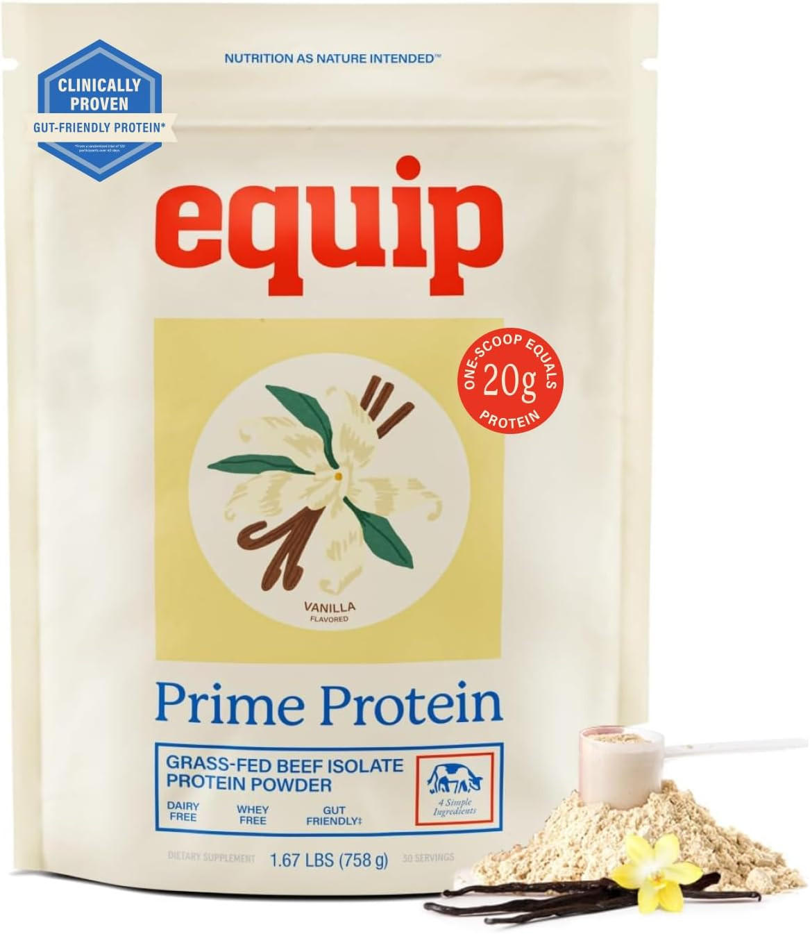 Equip Foods Prime Protein Powder | Clean, Grass Fed Beef Protein Powder | Carnivore Protein Isolate, Keto Friendly | Gluten & Dairy Free | Helps Build & Repair Tissue | 30 Servings, Vanilla (No Sugar) | Amazon (US)
