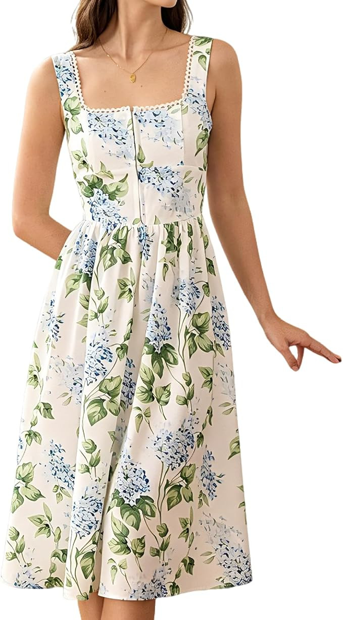 RIHOAS Women's Floral Midi Sundress Square Neck A Line Summer Dresses for Wedding Guest Tea Garde... | Amazon (US)