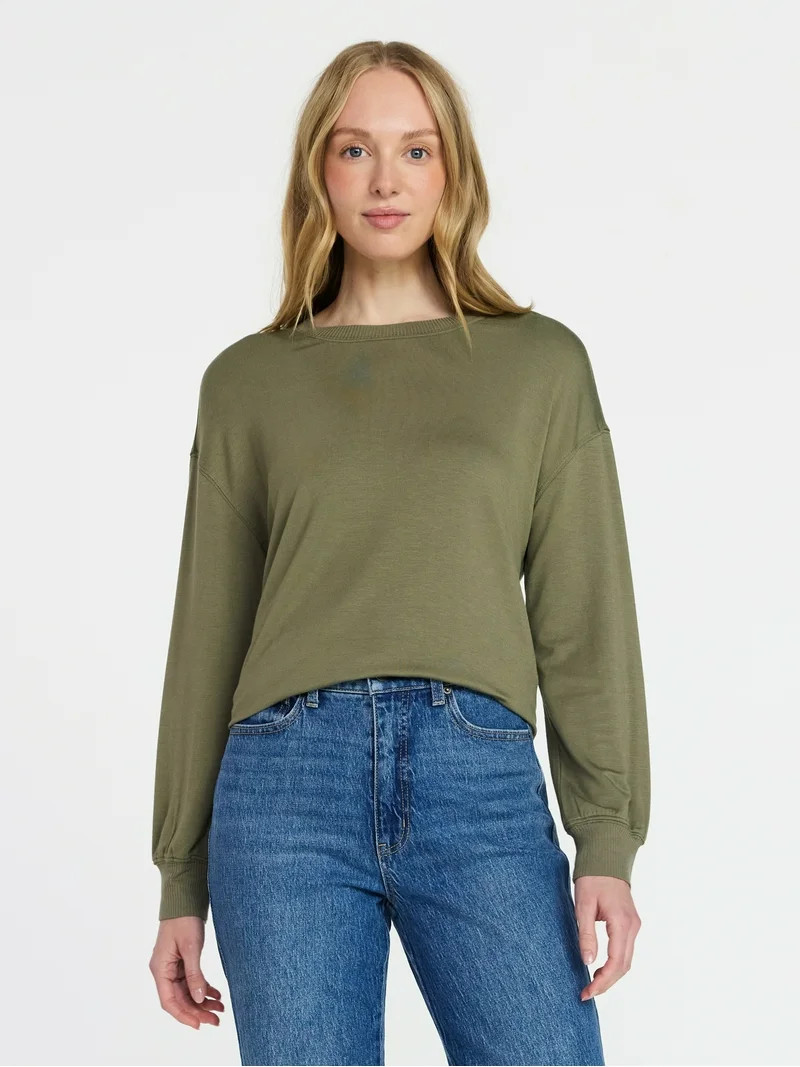 Time and Tru Women's French Terry Tunic Top with Long Sleeves, Sizes XS-XXXL | Walmart (US)